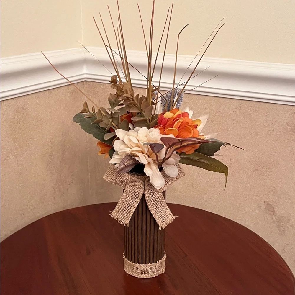 15” Rustic Fall Floral Arrangement in Twig Vase with Burlap Accent – NEW